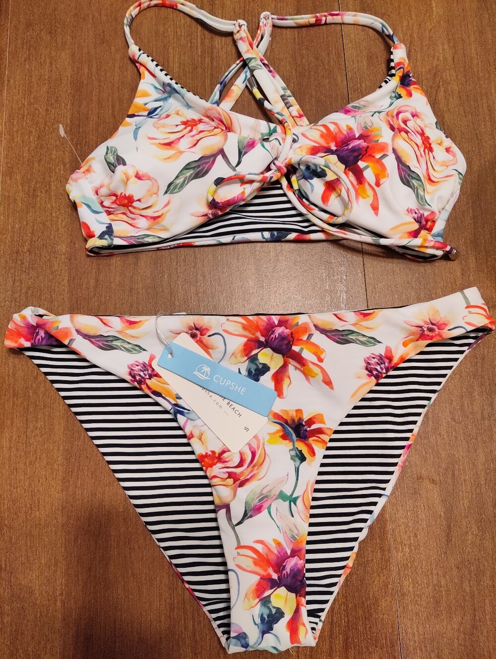 Cupshe Floral & Striped Two-Piece Bikini - White with Multicolor Floral